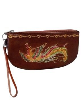 Vintage 70s Tooled Phoenix Rising Wristlet Bag Clutch